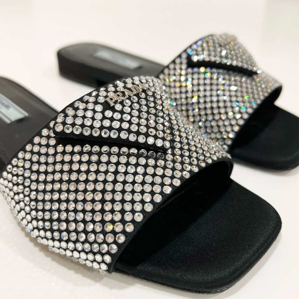 Prada Elegant Black and Silver Embellished Women's Slides